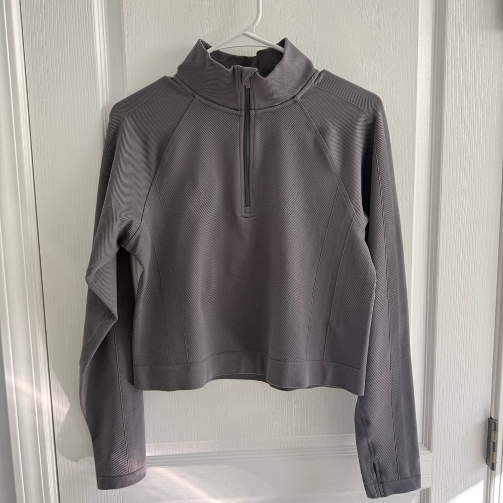 All In Motion Top Cropped Fitted Athletic Exercise Half Zip Thumb Holes Gray XXL